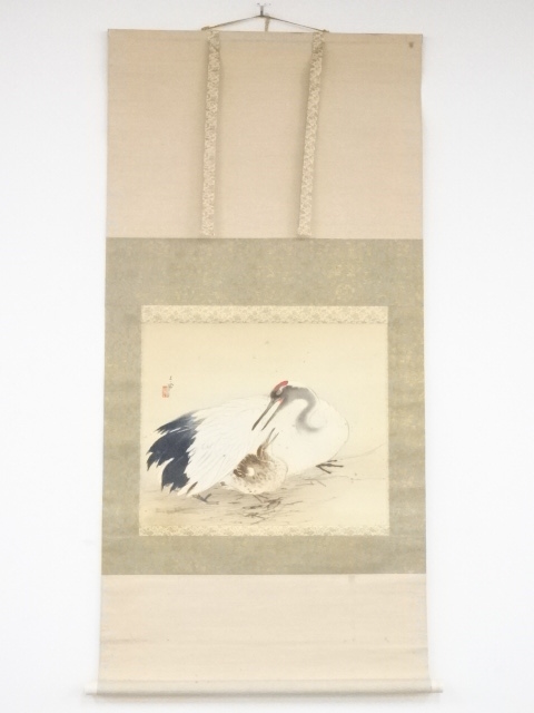 JAPANESE HANGING SCROLL / HAND PAINTED / CRANE / BY BUNTO HAYASHI